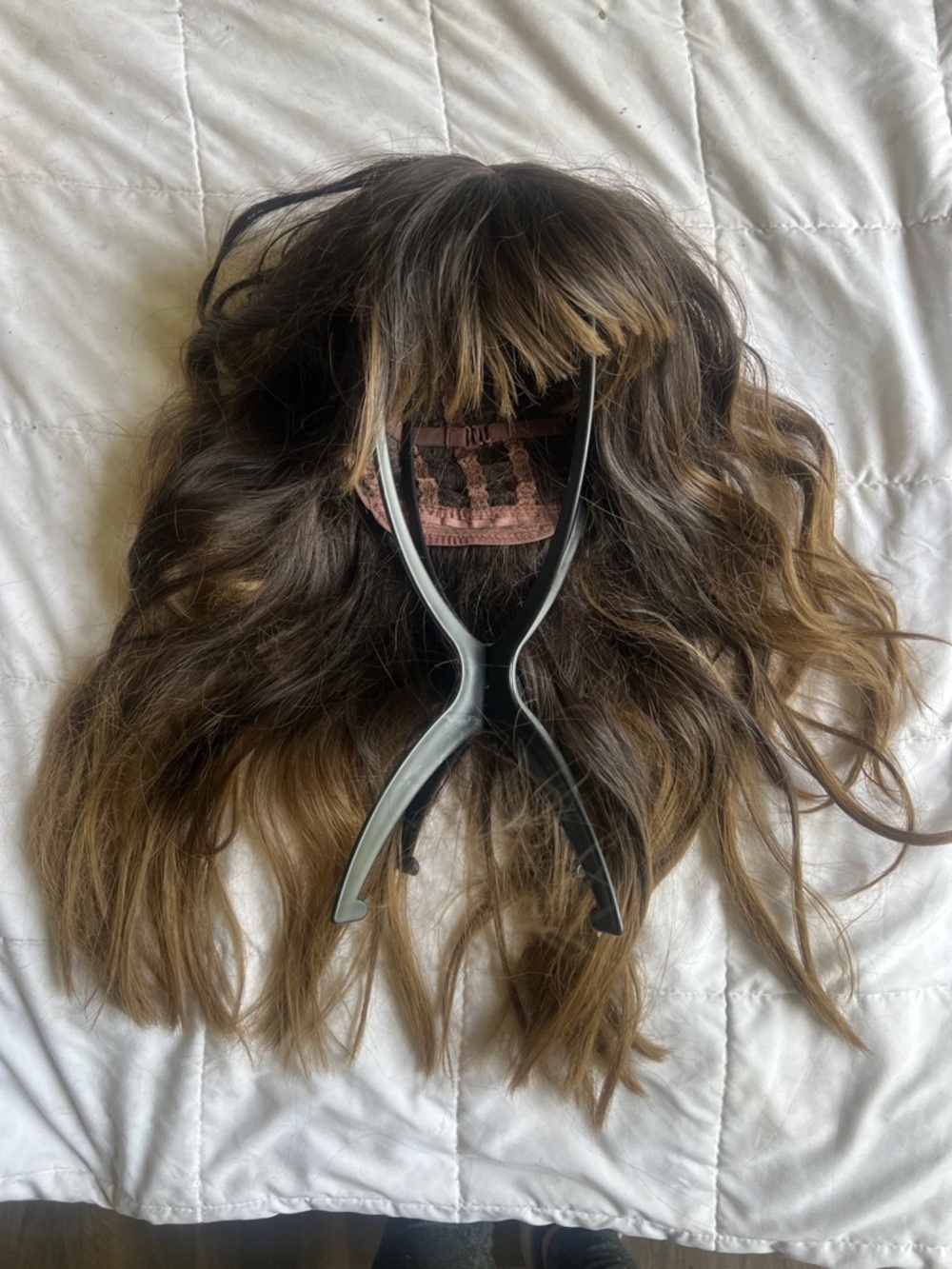 WOMENS LONG BRUNETTE GOLDEN BLONDE HIGHLIGHTS WITH FRINGE BANGS WIG